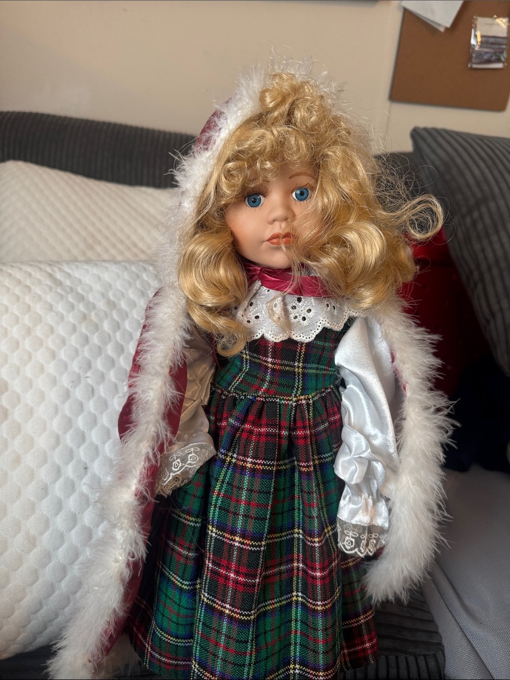 Blonde Porcelain Holiday Doll in Green & Red Plaid Dress